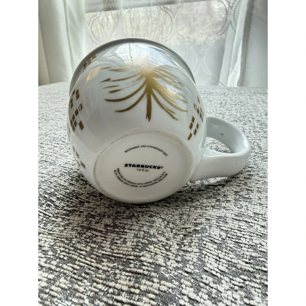 Starbucks Holiday Mug 2014 White Coffee Gold Christmas Tree Cappuccino Cup